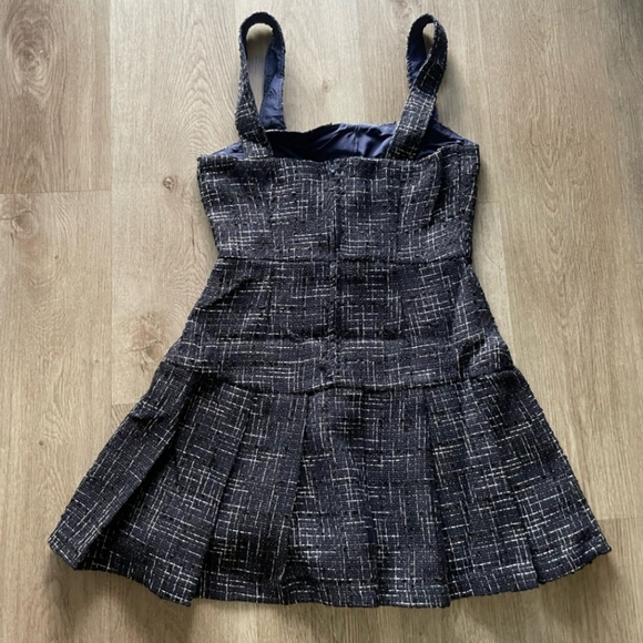 Francescas jaime navy blue tweed square neck pleated mini party dress Large NEW - Picture 4 of 5